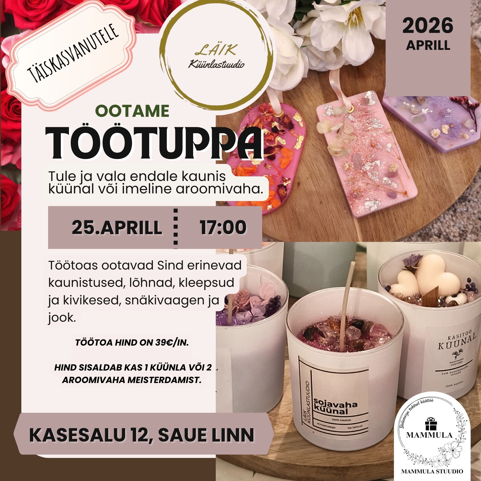 Täiskasvanute töötuba 25.aprill- klaasküünal või aroomivaha