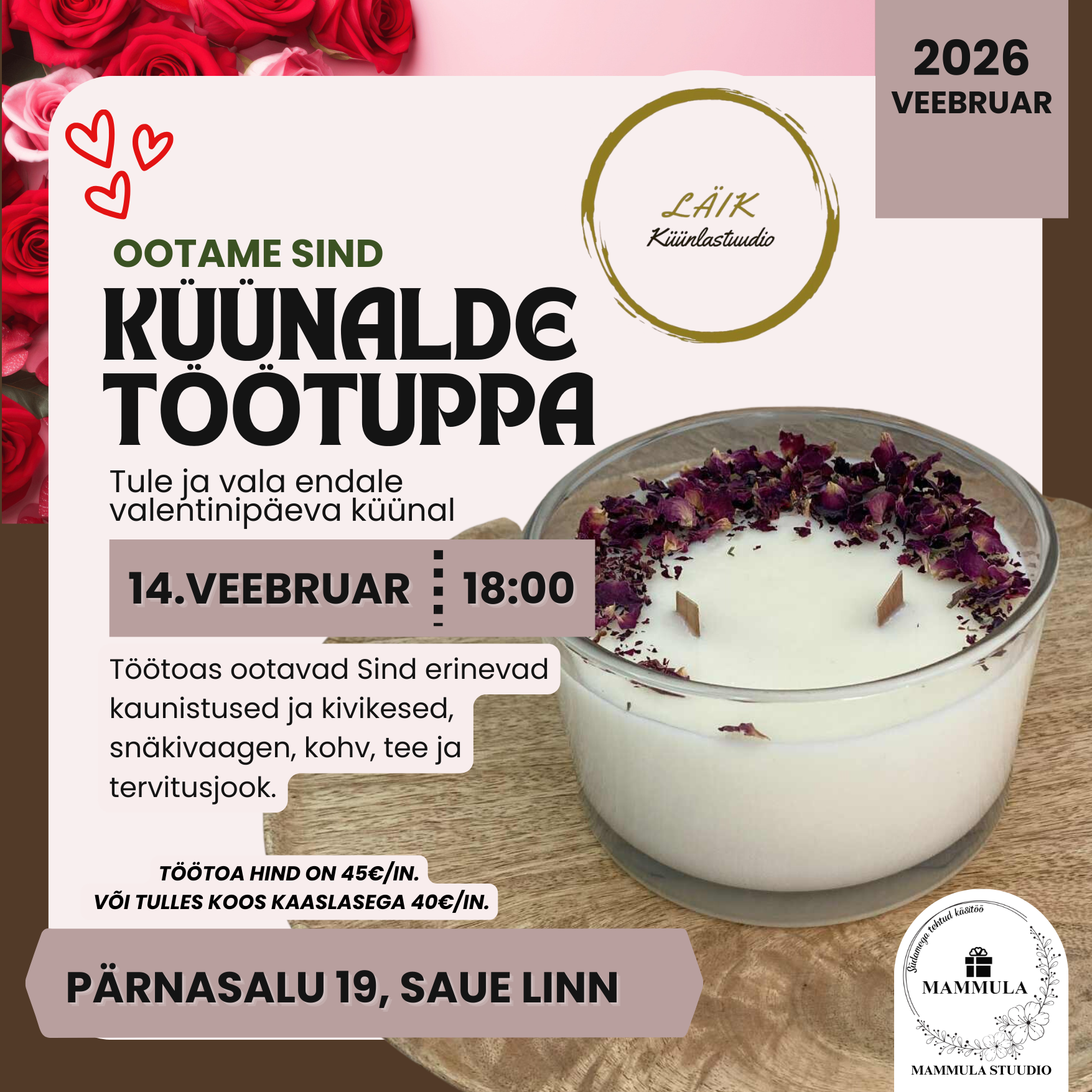Valentinipäeva klaasküünalde töötuba(täiskasvanutele) 14.02.2026